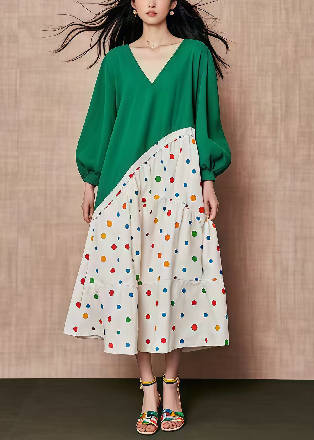 Plus Size Green Oversized Patchwork Print Cotton Dresses Fall