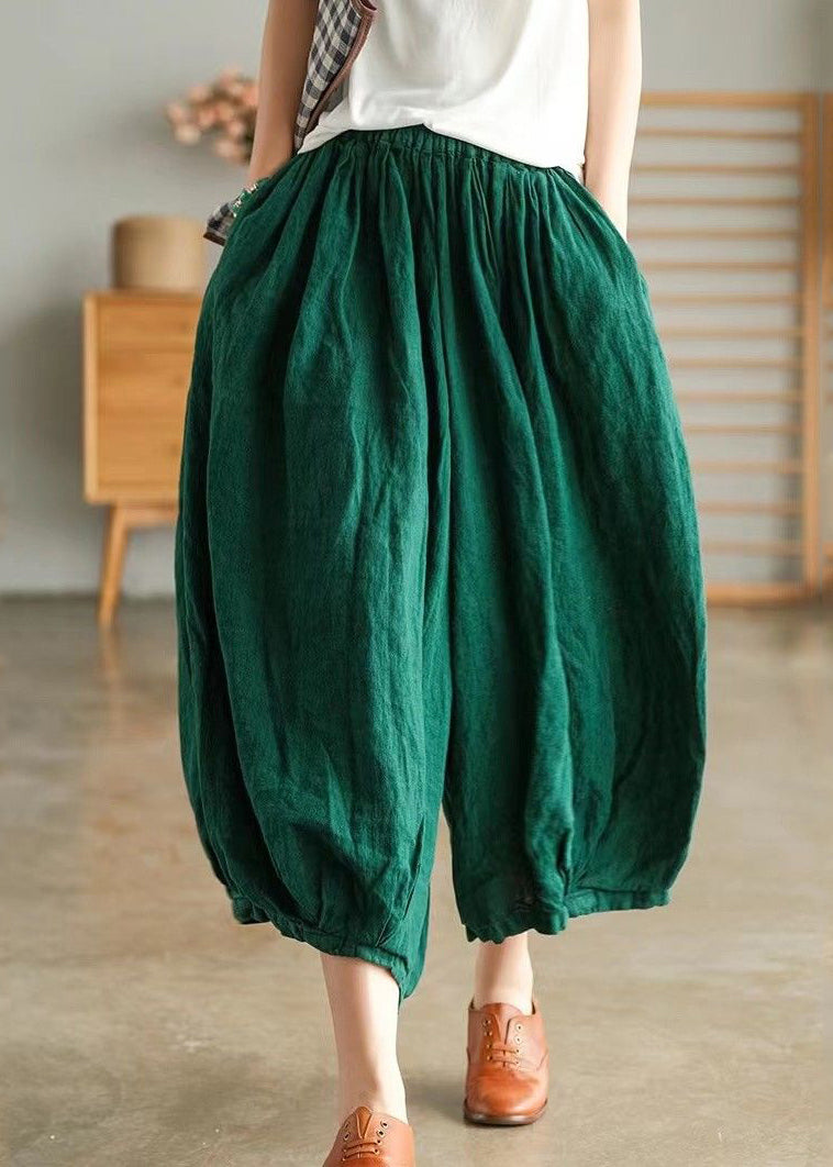 Plus Size Green Pockets Linen Crop Pants Summer