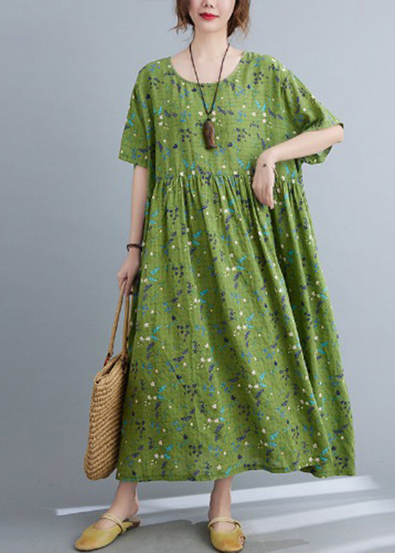 Plus Size Green Print Patchwork Long Dress Short Sleeve