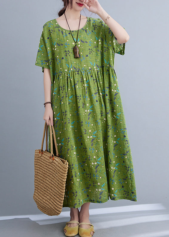 Plus Size Green Print Patchwork Long Dress Short Sleeve