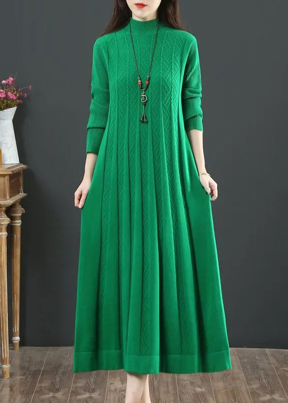 Plus Size Green Stand Collar Exra Large Hem Knit Holiday Dress Spring