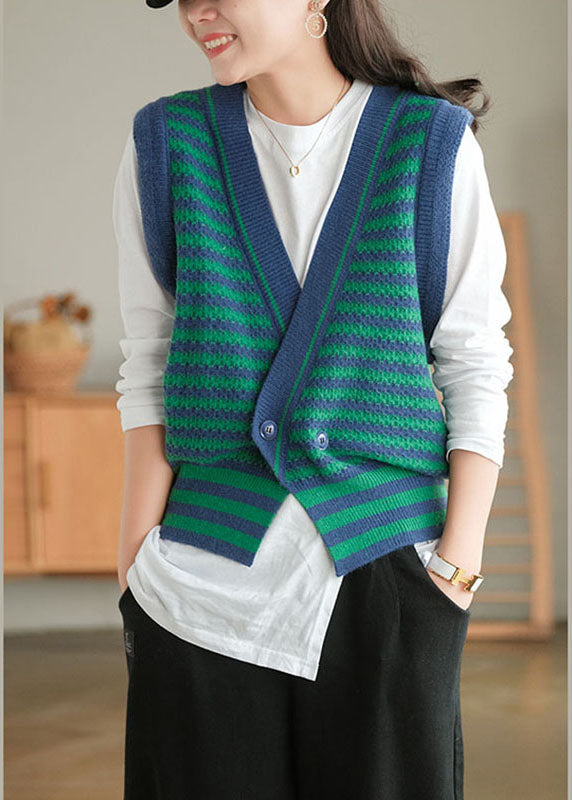 Plus Size Green Striped Button Fall Knit Sleeveless Waistcoat