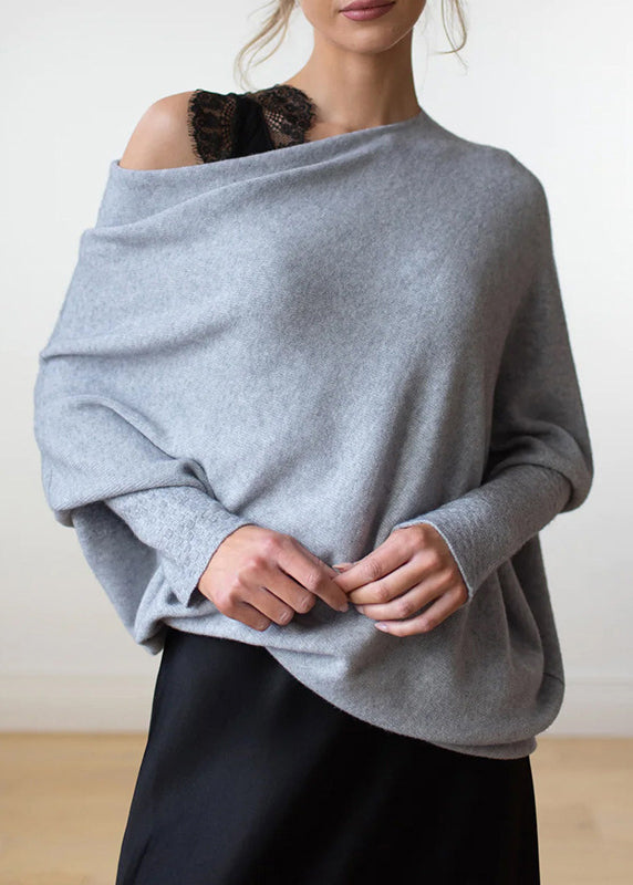 Plus Size Grey O Neck Knit Pullover Batwing Sleeve