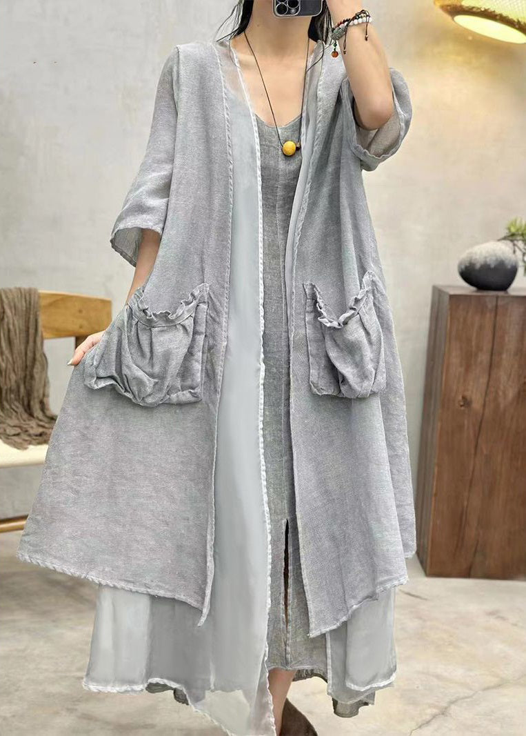 Plus Size Grey Pockets Patchwork Cotton Long Cardigan Summer