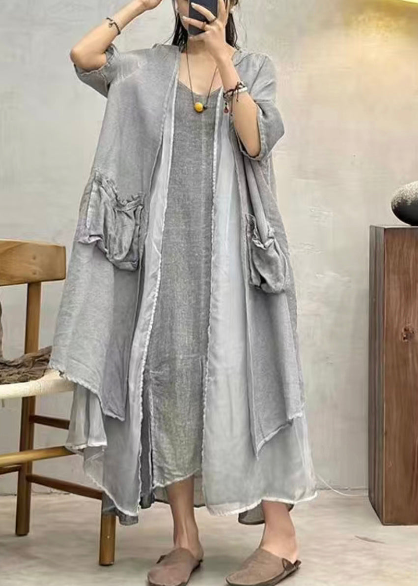 Plus Size Grey Pockets Patchwork Cotton Long Cardigan Summer