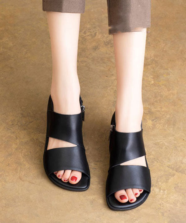 Plus Size Hollow Out Sandals Black Cowhide Leather