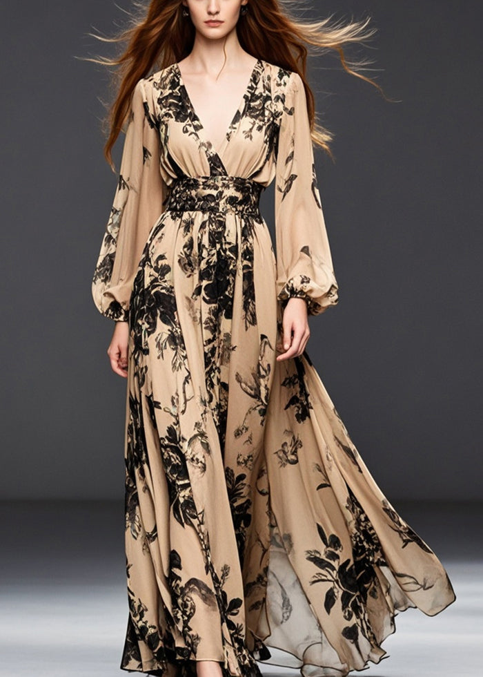 Plus Size Khaki Cinched Print Chiffon Dresses Fall