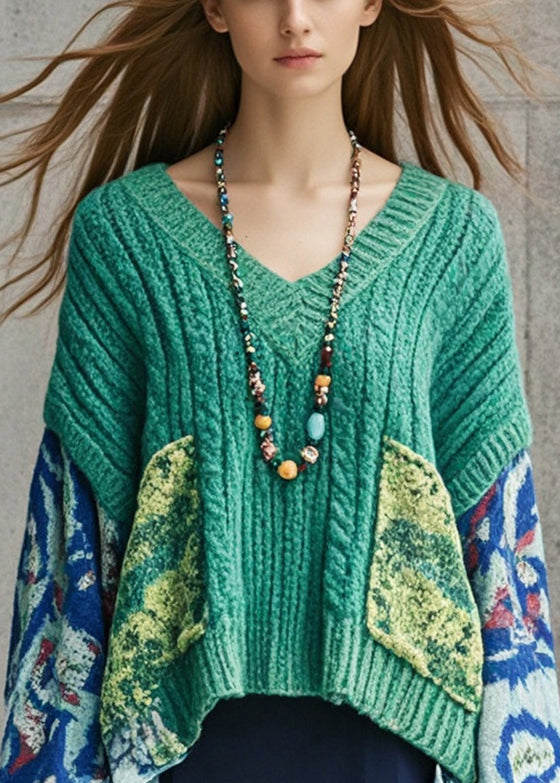 Plus Size Lake Green Oversized Patchwork Knit Sweater Fall