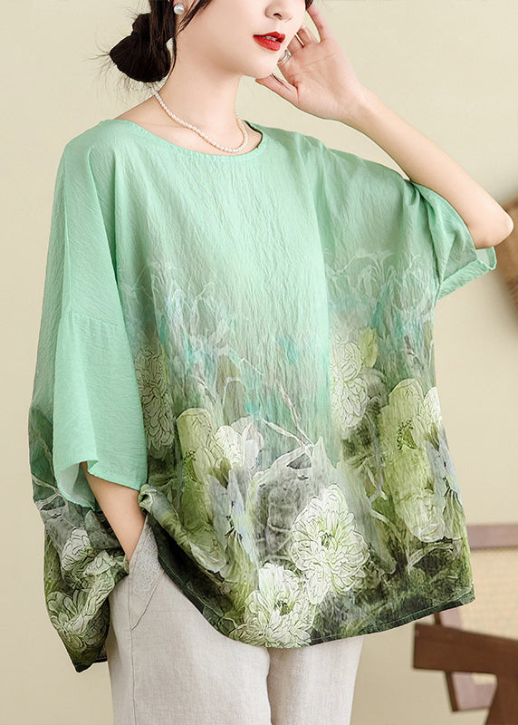 Plus Size Light Green O Neck Print Cotton T Shirt Batwing Sleeve