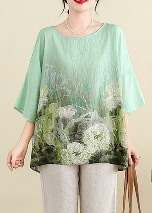 Plus Size Light Green O Neck Print Cotton T Shirt Batwing Sleeve