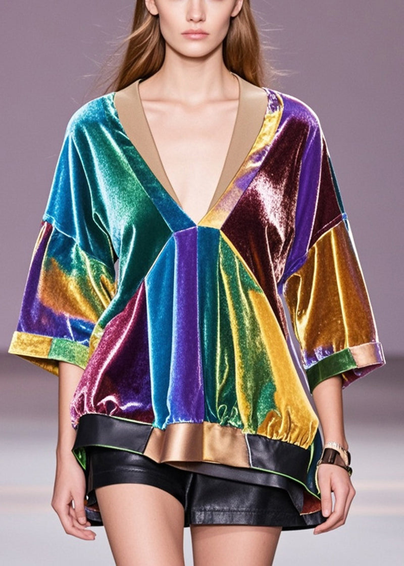 Plus Size Multicolour V Neck Patchwork Silk Velour Blouse Tops Fall