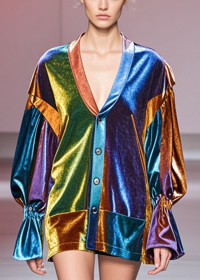 Plus Size Multicolour V Neck Patchwork Silk Velvet Coats Fall