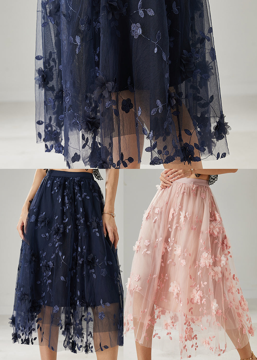 Plus Size Navy Embroidered Floral Tulle Skirts Summer