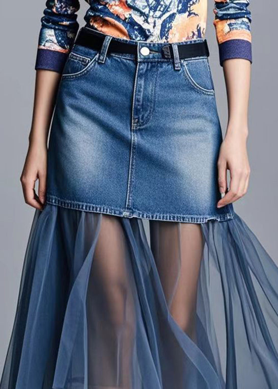 Plus Size Navy Silm Fit Patchwork Denim Holiday Skirts Spring