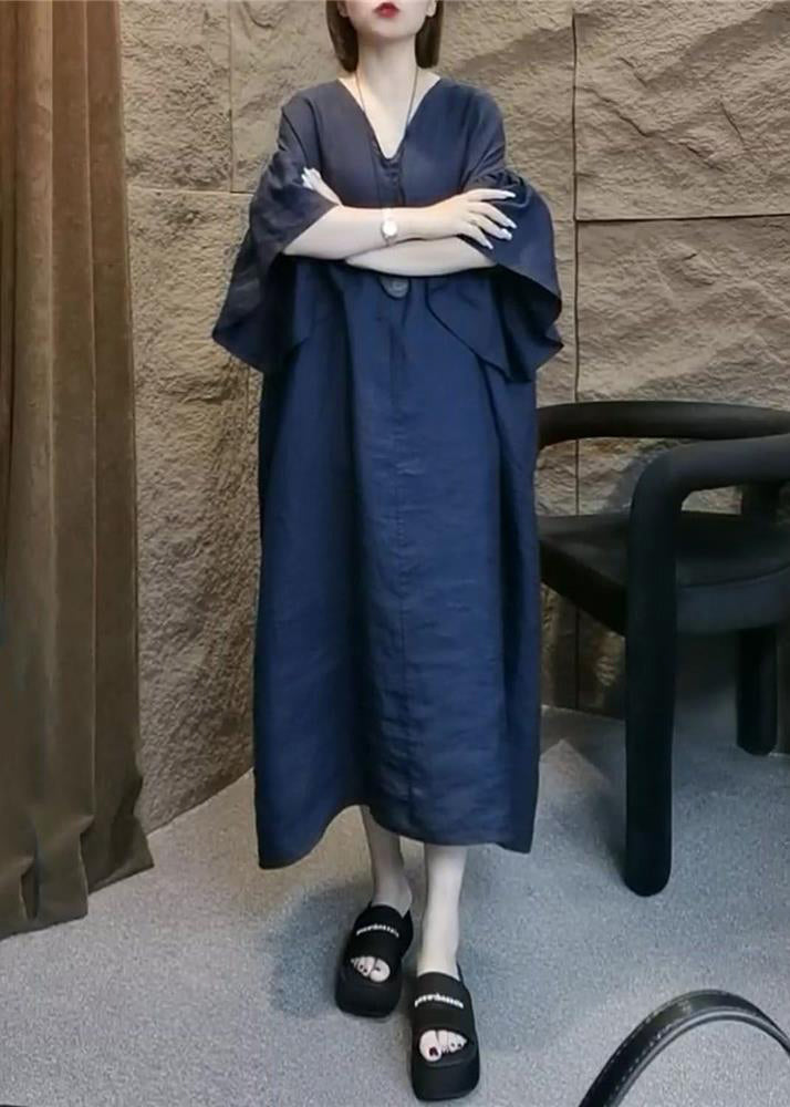 Plus Size Navy V Neck Solid Linen Long Dress Flare Sleeve