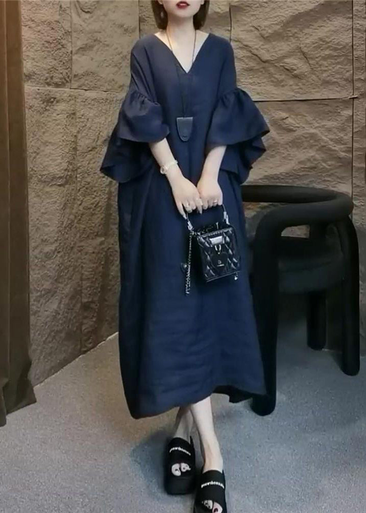 Plus Size Navy V Neck Solid Linen Long Dress Flare Sleeve