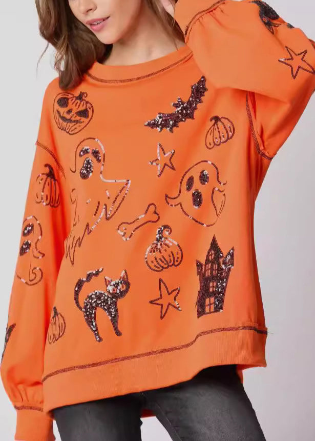 Plus Size Orange O Neck Sequins Cotton Sweatshirts Fall