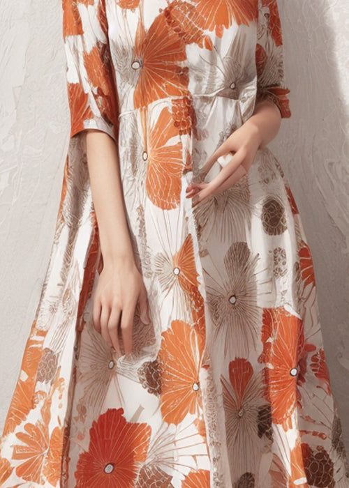 Plus Size Orange Print High Waist Cotton Dresses Half Sleeve