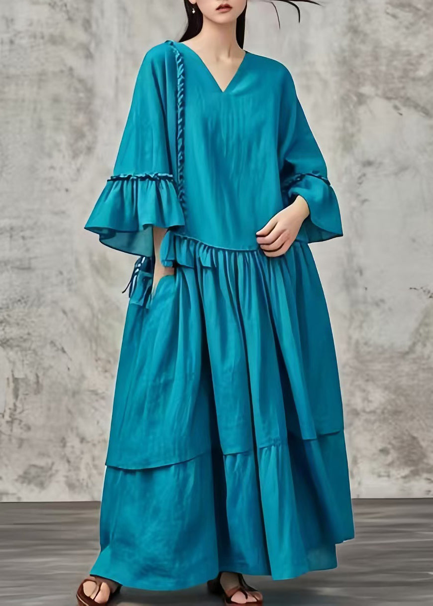 Plus Size Peacock Blue Oversized Patchwork Cotton Maxi Dresses Fall