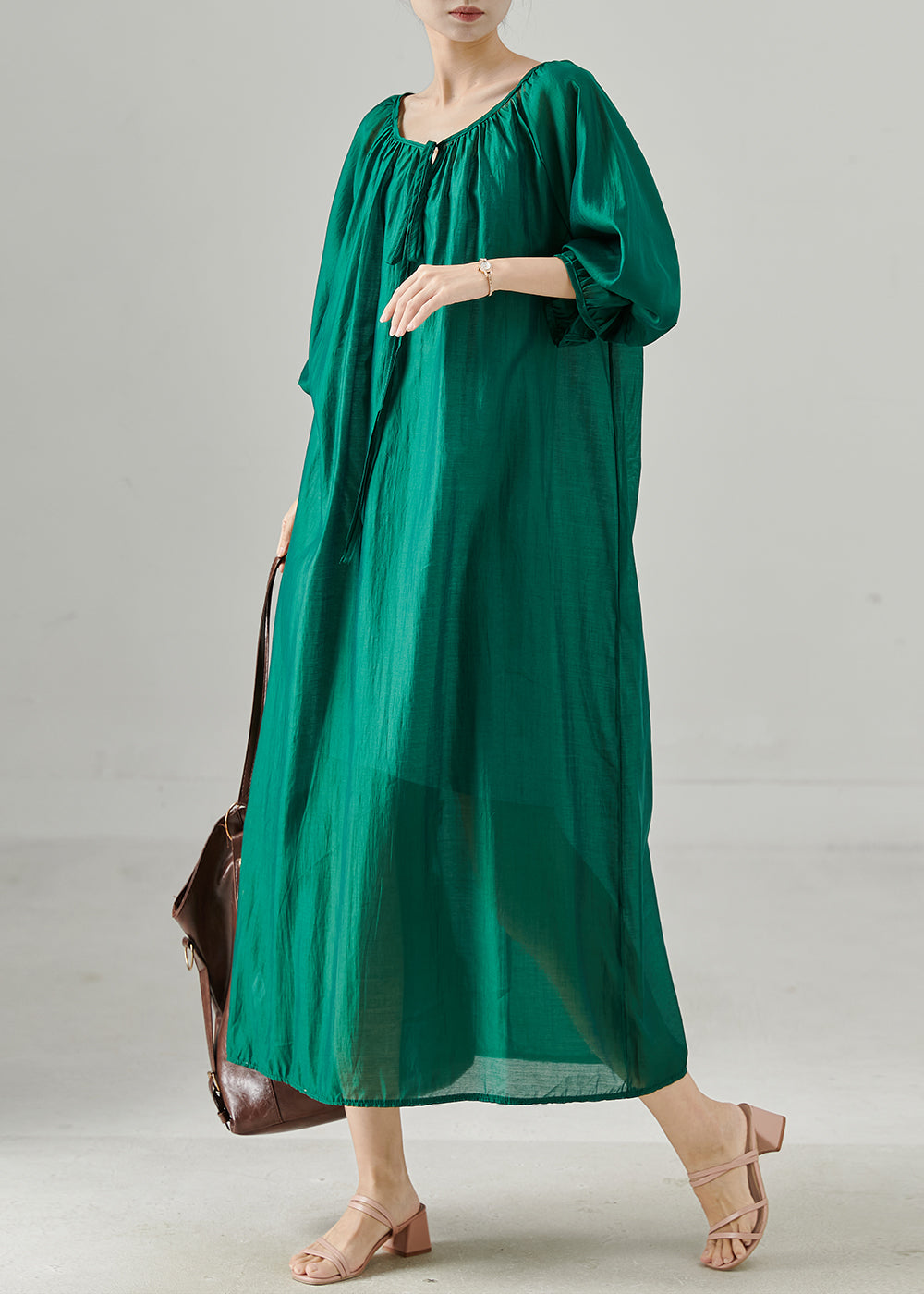 Plus Size Peacock Green Oversized Cotton Dresses Fall