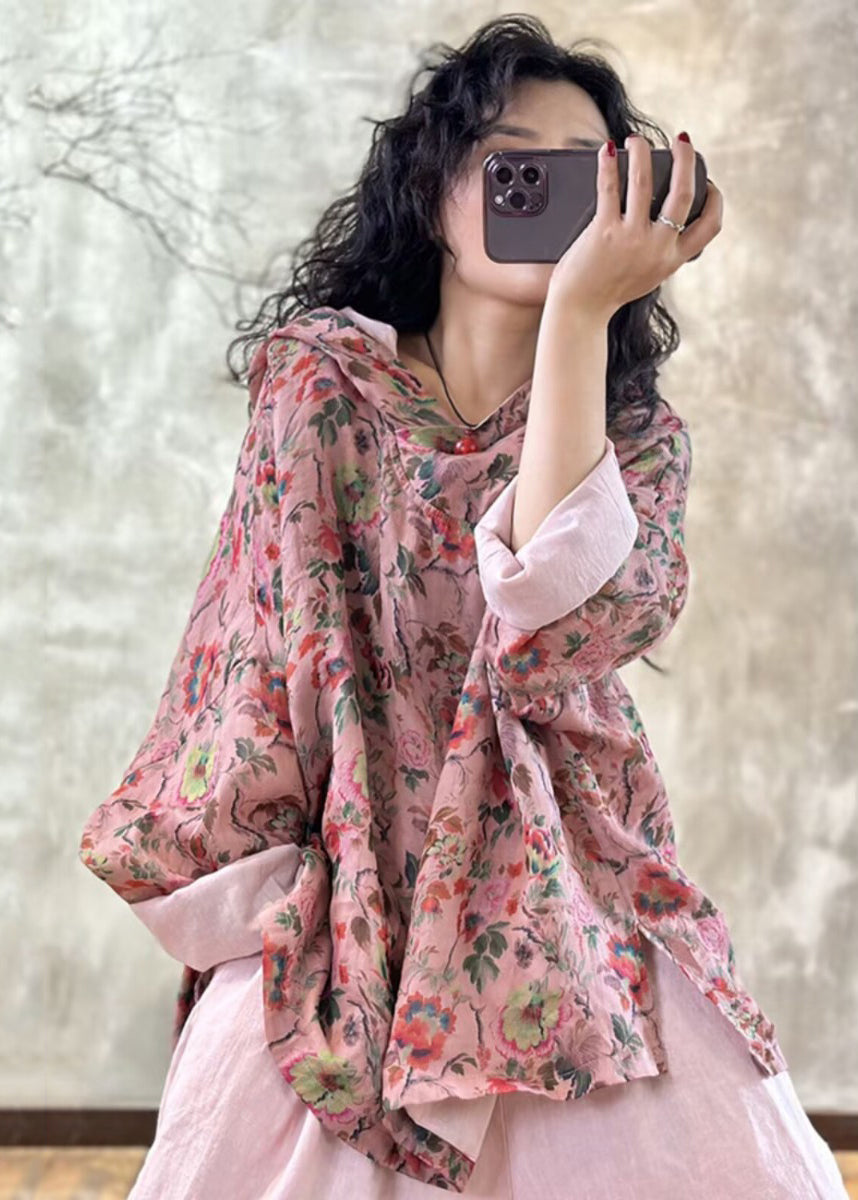 Plus Size Pink Oversized Print Linen Hooded Pullover Top Spring