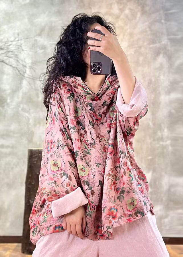 Plus Size Pink Oversized Print Linen Hooded Pullover Top Spring