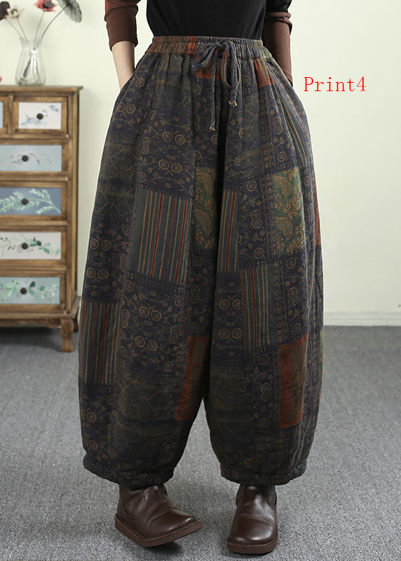 Plus Size Pockets Print Elastic Waist Fine Cotton Filled Pants Winter