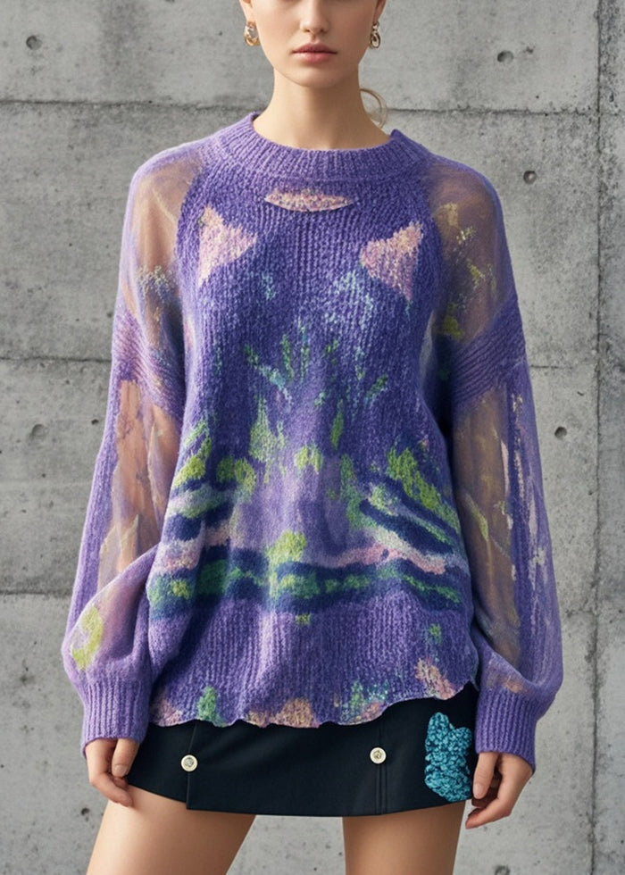 Plus Size Purple Tie Dye Hollow Out Knit Pullover Fall