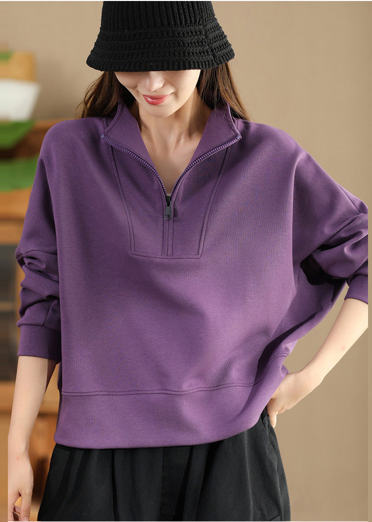 Plus Size Purple Zip Up Cotton Pullover Streetwear Spring