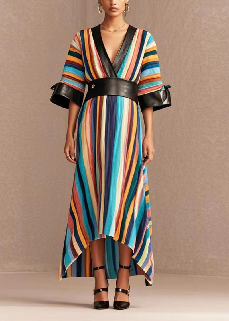 Plus Size Rainbow Cinched Patchwork PU Cotton Long Dress Summer