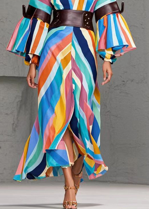 Plus Size Rainbow Striped Side Open Cotton Cinched Dresses Fall