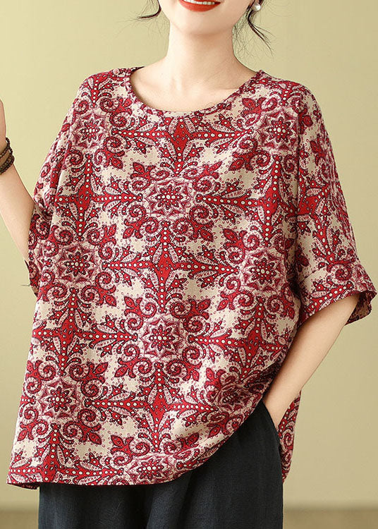 Plus Size Red O Neck Print Cotton Blouse Top Summer