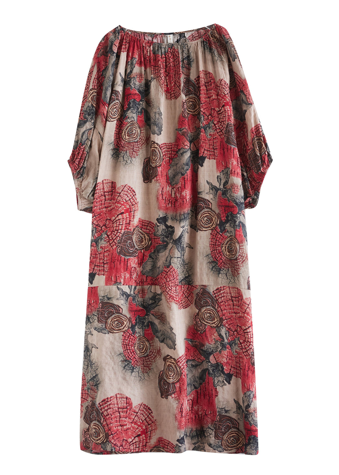 Plus Size Red O Neck Print Cotton Long Dress Puff Sleeve