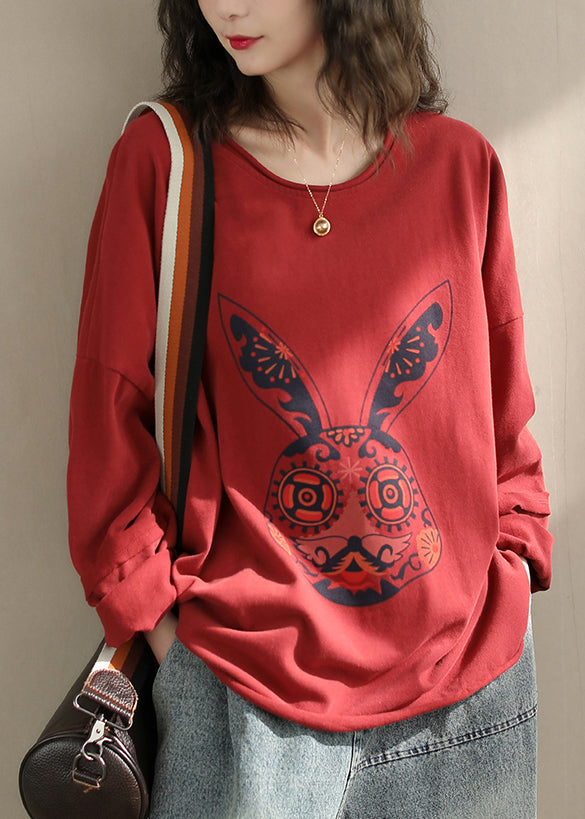 Plus Size Red O Neck Print Cotton T Shirt Spring