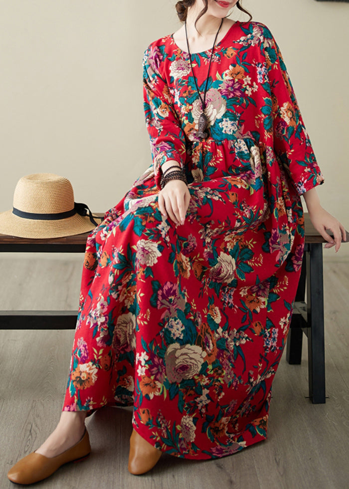 Plus Size Red O-Neck Print Patchwork Long Dress Long Sleeve