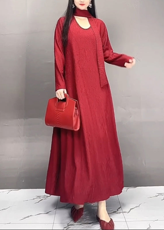 Plus Size Red O-Neck Wrinkled Maxi Dresses Fall