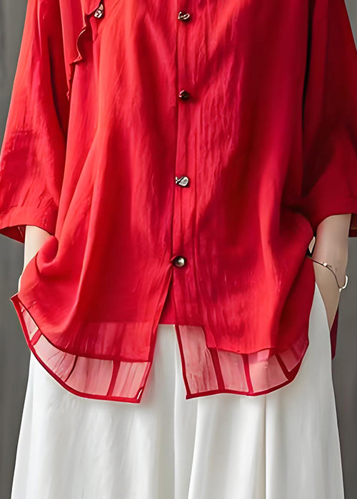 Plus Size Red Ruffled Button Patchwork Cotton Shirt Top Summer