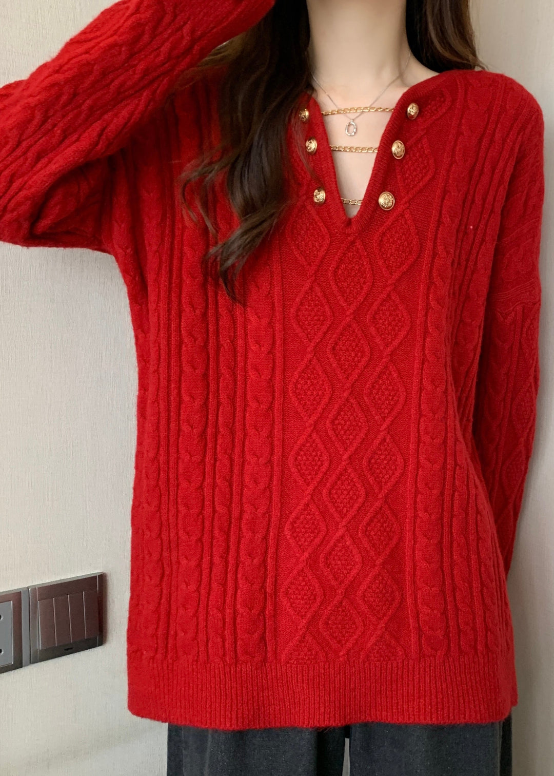 Plus Size Red V Neck Thick Cable Knit Sweaters Winter