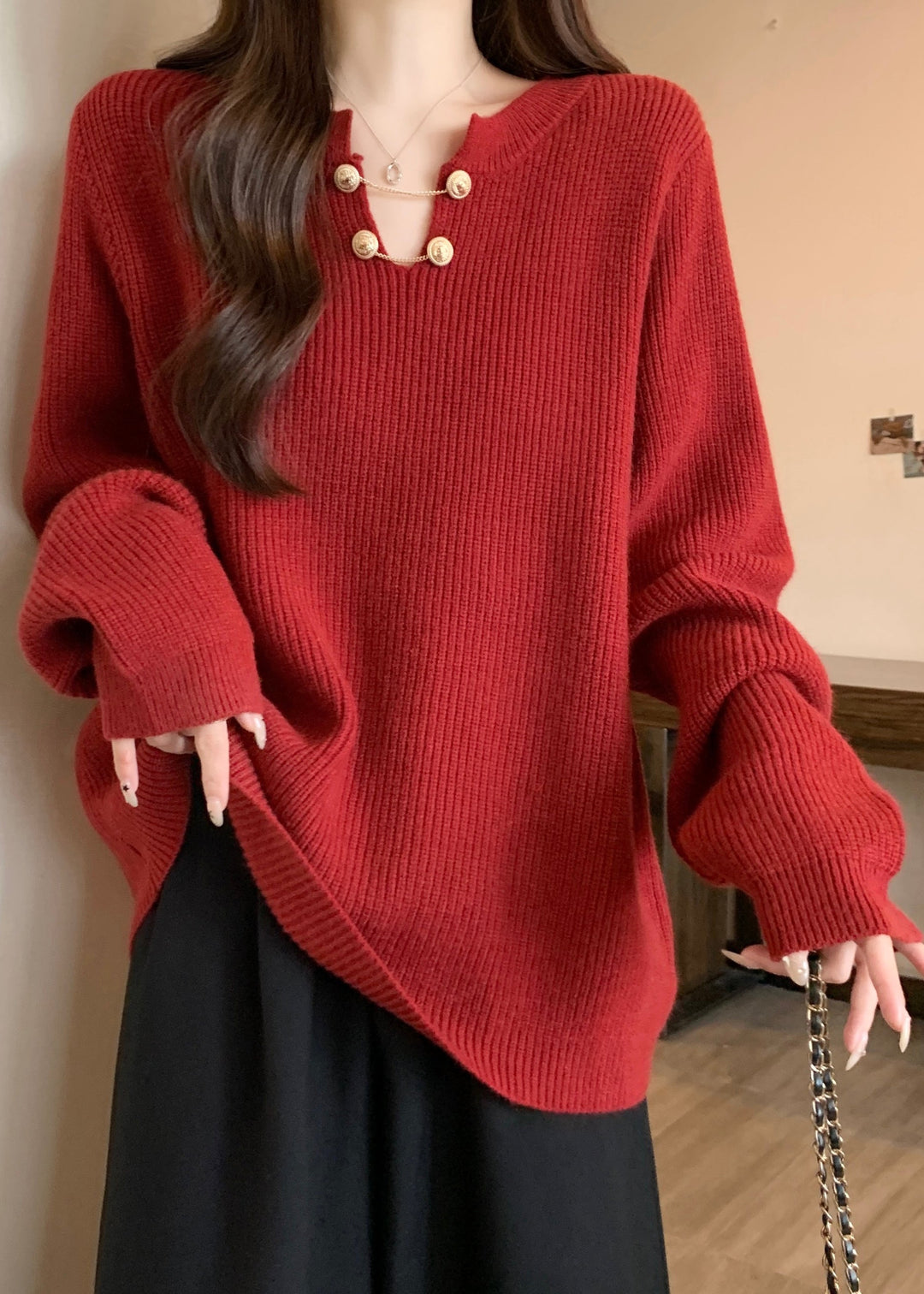 Plus Size Red V Neck Thick Warm Knit Sweaters Winter