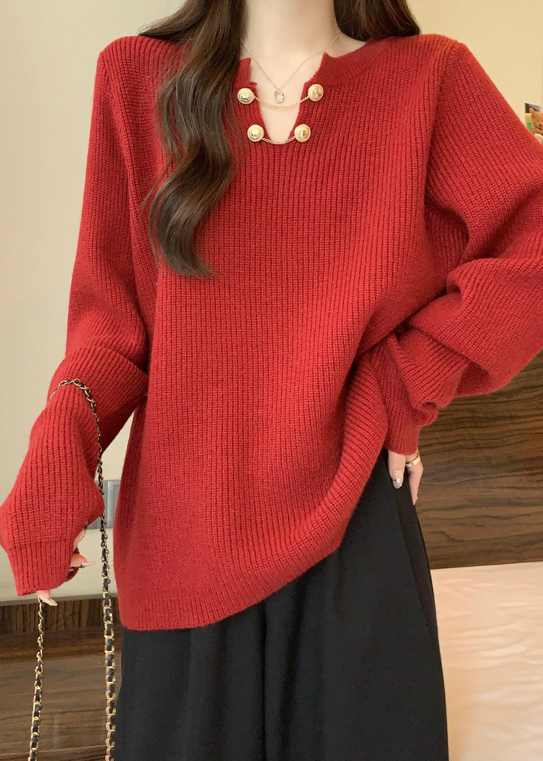 Plus Size Red V Neck Thick Warm Knit Sweaters Winter