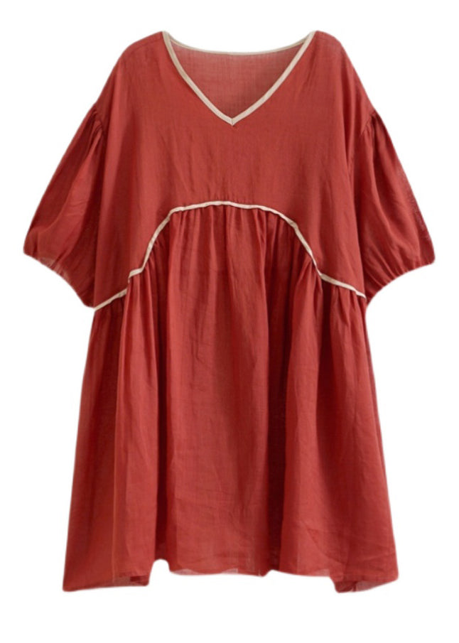 Plus Size Red Wrinkled Patchwork Mid Dress Summer