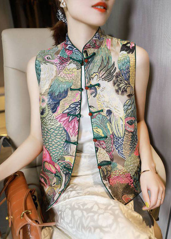 Plus Size Stand Collar Button Print Fall Sleeveless Vest