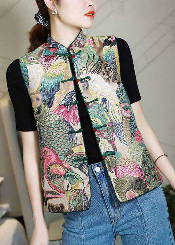 Plus Size Stand Collar Button Print Fall Sleeveless Vest