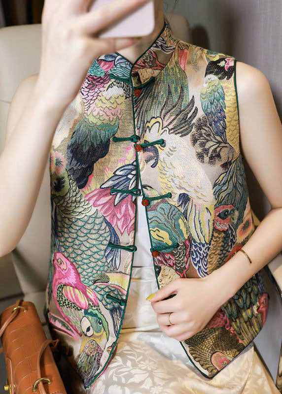 Plus Size Stand Collar Button Print Fall Sleeveless Vest