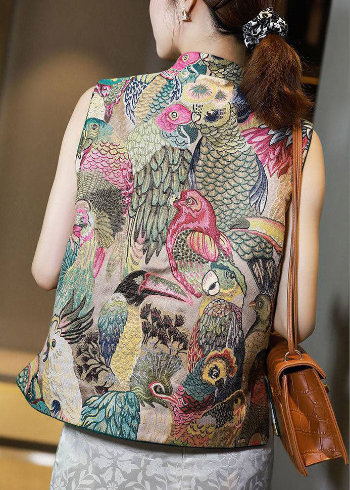 Plus Size Stand Collar Button Print Fall Sleeveless Vest