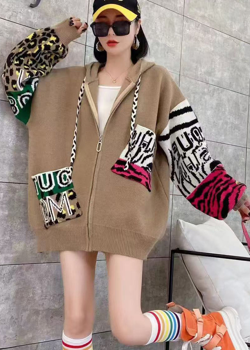 Plus Size White Zippered Hooded Graphic Knit Coat Spring