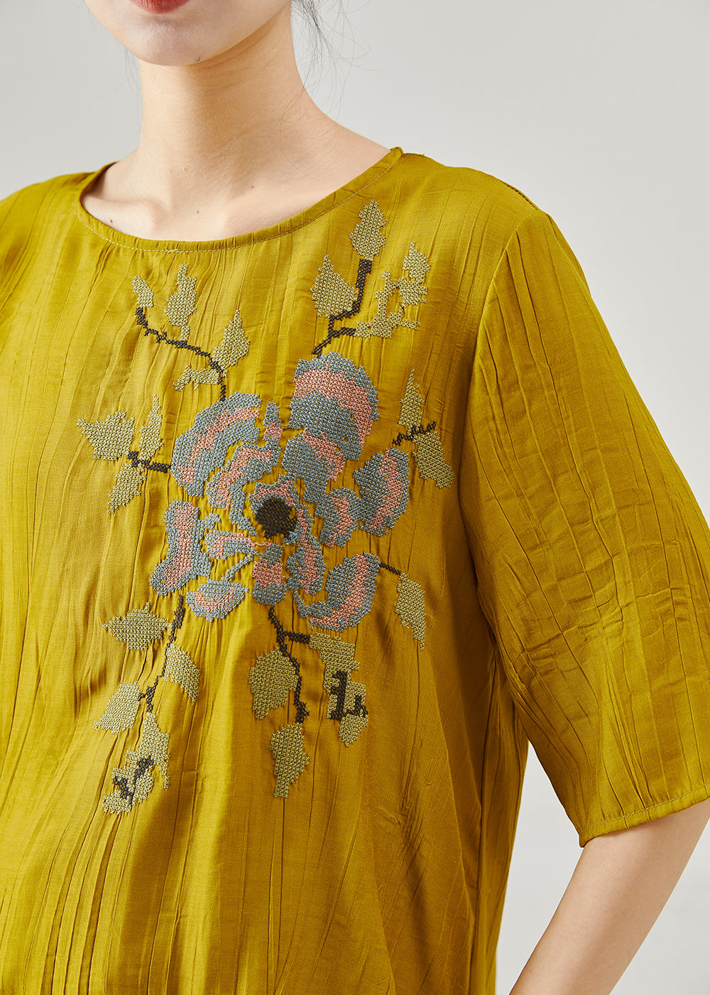 Plus Size Yellow Embroidered Cotton Two Pieces Set Summer