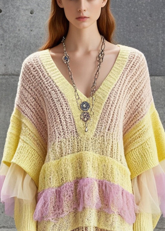 Plus Size Yellow Hollow Out Patchwork Tulle Knitted Dress Fall