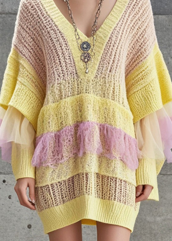 Plus Size Yellow Hollow Out Patchwork Tulle Knitted Dress Fall