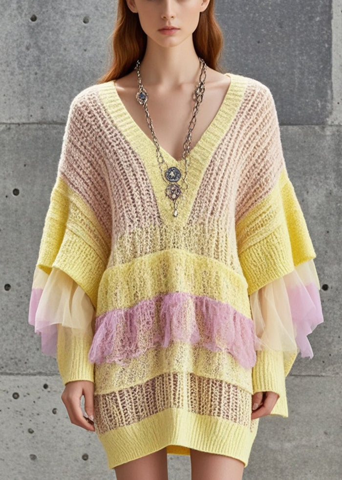 Plus Size Yellow Hollow Out Patchwork Tulle Knitted Dress Fall